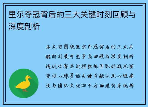 里尔夺冠背后的三大关键时刻回顾与深度剖析